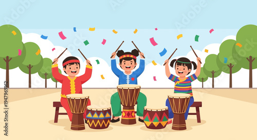 Children Playing Drums Together Outdoors with Confetti Falling