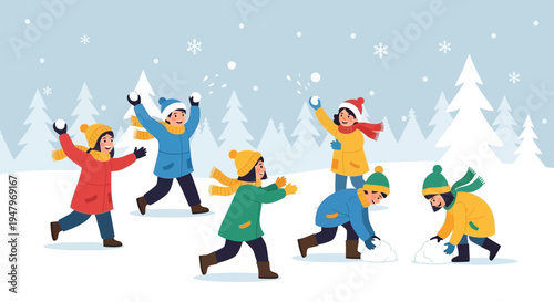 Children Playing Snowball Fight in Snowy Winter Forest, Having Fun Outdoors