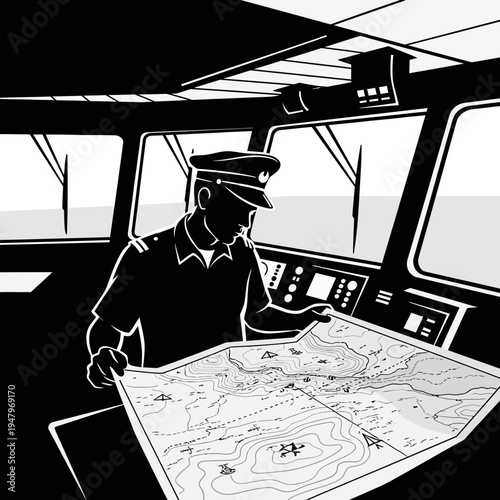 Captain studying navigation map intently alone.