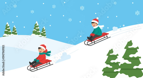 Children Sledding Down Snowy Hillside in Winter