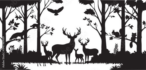 Black silhouette forest scene with deer and wildlife including birds and trees in a natural setting