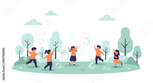 Children playing with bubbles in a park, summer fun, outdoor activity, happy childhood