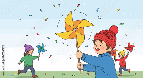 Children playing with pinwheels outdoors, celebrating with confetti