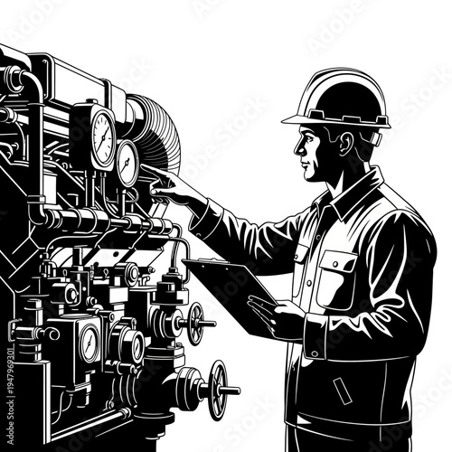 Industrial worker in hard hat operating.