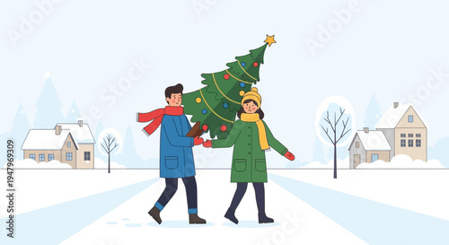 Couple Carrying Decorated Christmas Tree Through Snowy Village Street