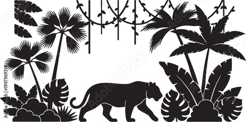 Black silhouette of a tiger walking through a tropical jungle with palm trees and foliage