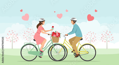 Couple Cycling in Park with Flowers and Hearts, Romantic Date