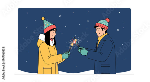 Couple celebrating winter night with sparklers, starry sky, festive mood