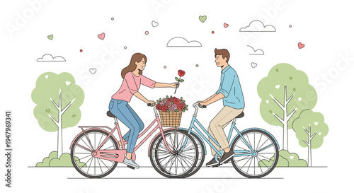 Couple cycling with flowers, romantic date, spring park, love and happiness