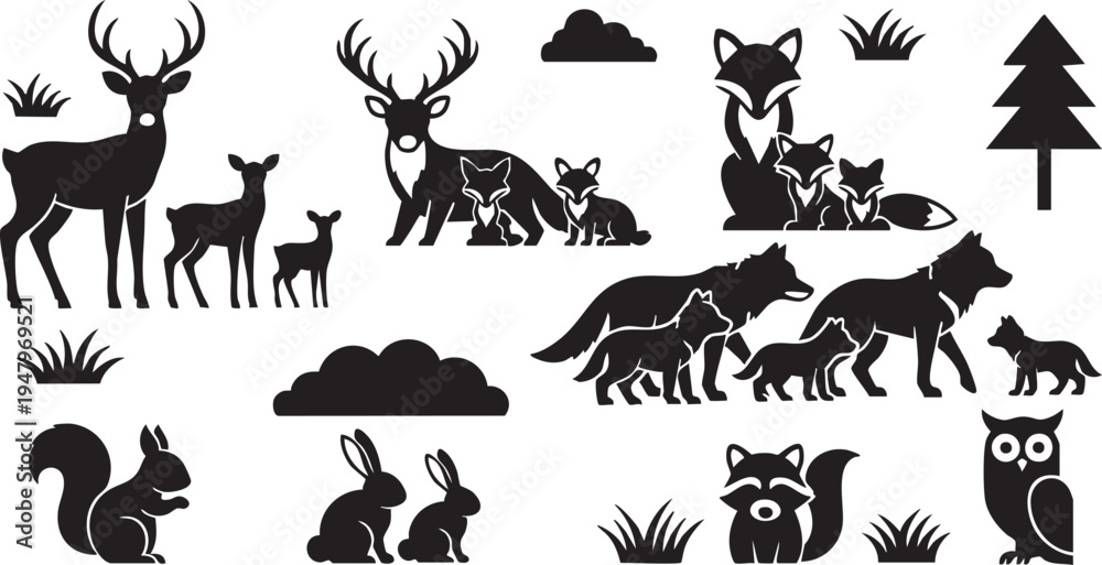 Fototapeta premium Black silhouettes of forest animals and trees on white background