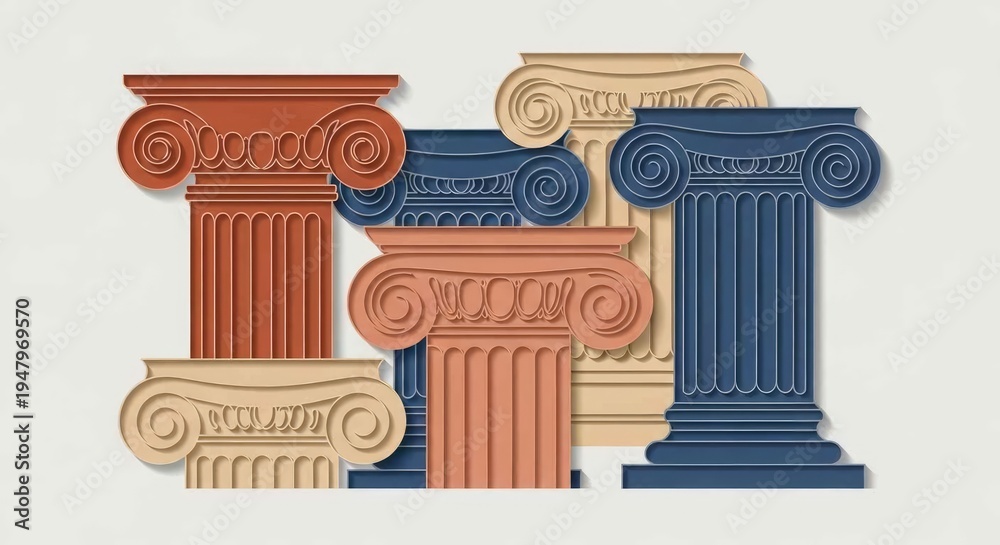 Obraz premium Vibrant Orange Deep Blue Beige Classical Columns Gray Backdrop Modern Marketing Editorial Branding Inspiration