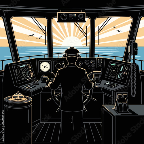 Man in captain uniform on ship.