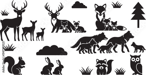 Black silhouettes of forest animals and trees on white background