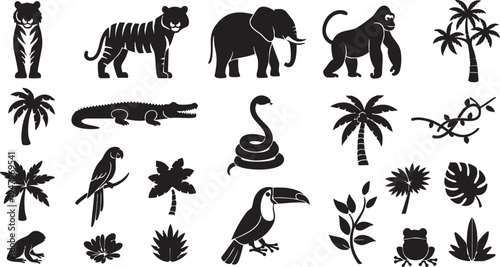 Black silhouettes of jungle animals and plants on white background