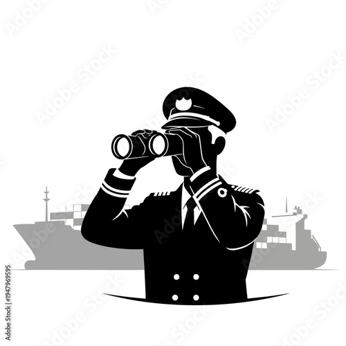 Man in uniform looking through binoculars.