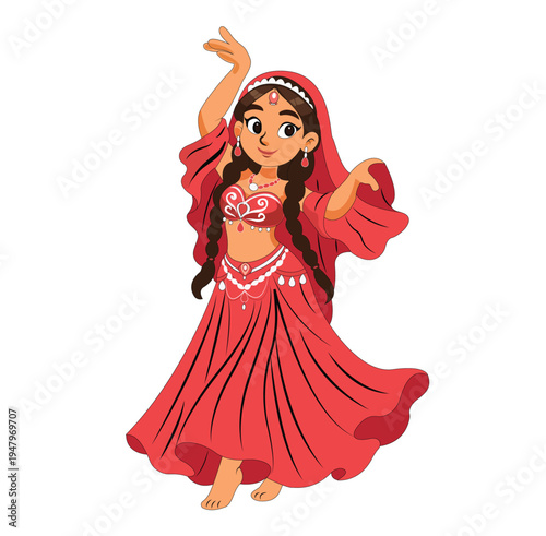 A cartoon illustration of a young Indian girl in traditional clothing performing a dance. 