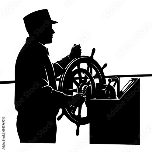 Man steering ship wheel nautical.