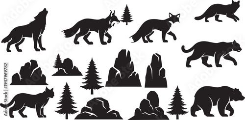Black silhouettes of wolves howling at mountains and pine trees in the wilderness at night