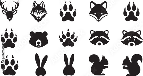 Collection of animal head and paw prints in black silhouette on white background
