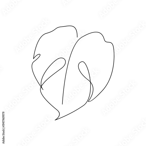 Monstera Leaf One Line Art Drawing, Minimalist Tropical Plant Outline Vector Illustration