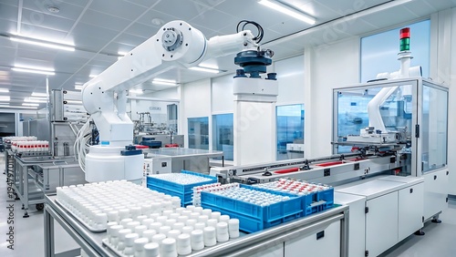 Automated robotic arm on a production line in a clean pharmaceutical or cosmetic manufacturing facility
