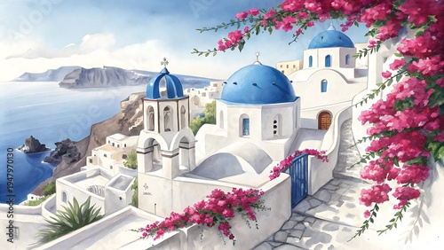 Picturesque watercolor painting of Santorini Oia with iconic blue-domed churches and vibrant pink bougainvillea flowers overlooking the Aegean Sea.
