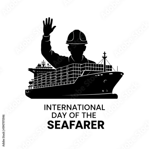 Seafarer waving on cargo ship deck.
