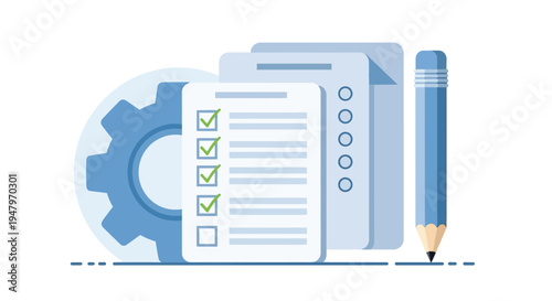 Productive workflow and project management illustration showing paper checklists with green check marks next to blue gear wheel and sharp graphite pencil