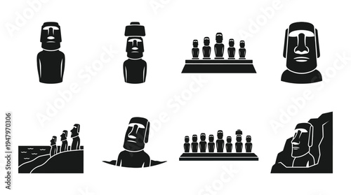 Easter Island Moai Vector Icon Set – Archaeological Landmark Vectors Featuring Stone Statues, Coastal Platforms, Grouped Monoliths, Elongated Faces, Brow Ridges, and Cultural Heritage