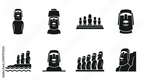 Easter Island Moai Vector Icon Set – Archaeological Landmark Vectors Featuring Stone Statues, Coastal Platforms, Grouped Monoliths, Elongated Faces, Brow Ridges, and Cultural Heritage