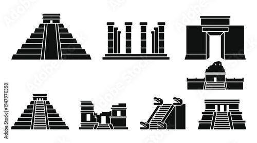 Mesoamerican Temples & Pyramids Vector Icon Set – Ancient Architecture Vectors Featuring Mayan Pyramids, Aztec Platforms, Serpent Columns, Stepped Structures, Ceremonial Sites, and Archaeological Heri