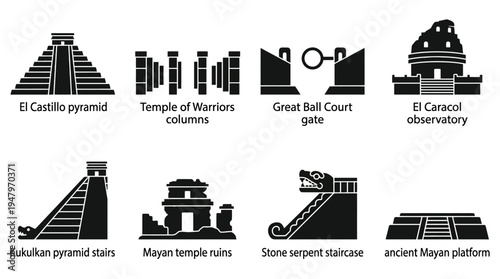 Mesoamerican Temples & Pyramids Vector Icon Set – Ancient Architecture Vectors Featuring Mayan Pyramids, Aztec Platforms, Serpent Columns, Stepped Structures, Ceremonial Sites, and Archaeological Heri