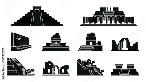 Mesoamerican Temples & Pyramids Vector Icon Set – Ancient Architecture Vectors Featuring Mayan Pyramids, Aztec Platforms, Serpent Columns, Stepped Structures, Ceremonial Sites, and Archaeological Heri