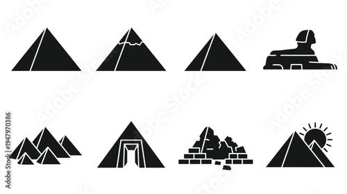 Ancient Egyptian Pyramids Vector Icon Set – Heritage Vectors Featuring Great Pyramid of Giza, Khufu, Menkaure, Sphinx Statue, Desert Pyramid Group, Ruins, and Sunlit Monuments