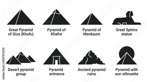 Ancient Egyptian Pyramids Vector Icon Set – Heritage Vectors Featuring Great Pyramid of Giza, Khufu, Menkaure, Sphinx Statue, Desert Pyramid Group, Ruins, and Sunlit Monuments