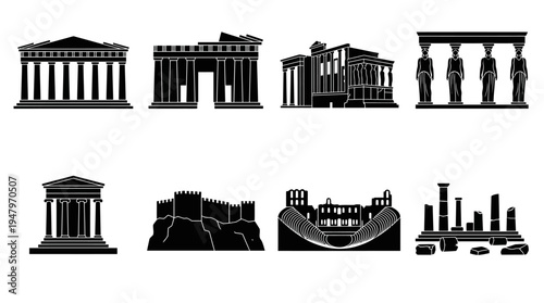 Acropolis of Athens Vector Icon Set – Ancient Greek Architecture Vectors Featuring Parthenon Temple, Propylaea Gate, Erechtheion, Caryatid Columns, Athena Nike, Odeon Theatre, and Marble Ruins