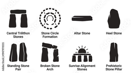 Megalithic Stone Monuments Vector Icon Set – Ancient Archaeology Vectors Featuring Trilithon Stones, Stone Circle, Altar Rock, Heel Stone, Broken Arch, and Sunrise Alignment