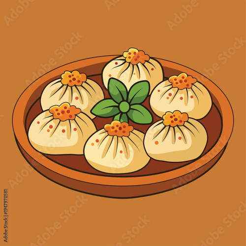 Steam Buns or dumplings or momo, Asian food vector illustration, Ghibli food, Dim sum