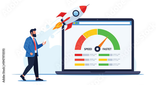 Boost business performance with fast loading website speed. man stand near laptop with rocket start up. internet optimization