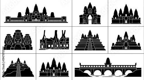Cambodian Temple Landmarks Vector Icon Set – Khmer Architecture Vectors Featuring Angkor Wat, Bayon Faces, Ta Prohm, Baphuon Pyramid, Pre Rup, Phnom Bakheng, and Stone Bridge