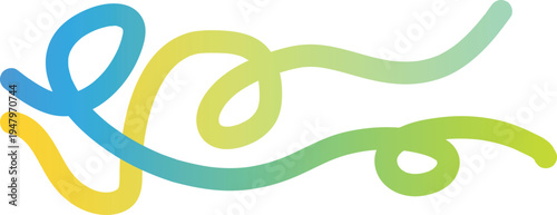 A colorful abstract art piece featuring swirling lines in blue yellow and green hues on a white background