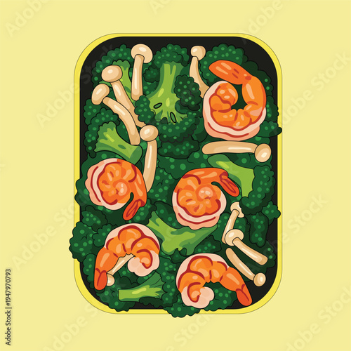 Keto diet food illustration, shrimp, Broccoli and small mushroom illustration, vector illustration