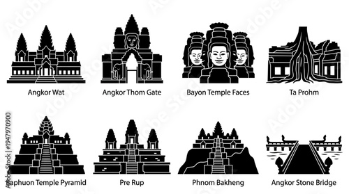 Cambodian Temple Landmarks Vector Icon Set – Khmer Architecture Vectors Featuring Angkor Wat, Bayon Faces, Ta Prohm, Baphuon Pyramid, Pre Rup, Phnom Bakheng, and Stone Bridge