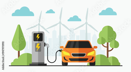 Electric car charging at station with wind turbines and city skyline in background for sustainable energy and eco friendly transportation concept