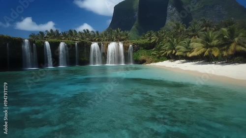 A stunning tropical paradise features a series of waterfalls cascading into a crystal-clear turquoise lagoon.