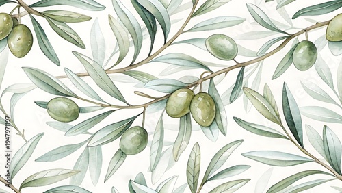 Hand-painted watercolor seamless pattern of olive branches with green olives and leaves on a white background, Mediterranean style for kitchen textile and food packaging.