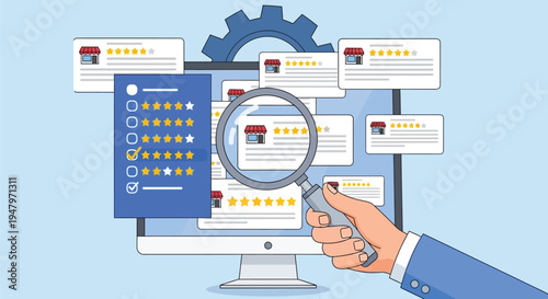 Conceptual illustration of digital review management showing computer screen with star rating cards and hand holding magnifying glass for business search
