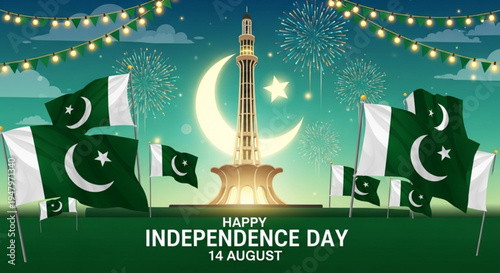 Pakistan independence day celebration with flags and fireworks display
