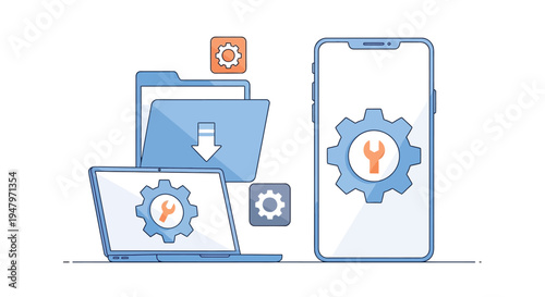 Software update and technical support concept showing smartphone laptop and folders with gear icons and wrench symbols for mobile device configuration