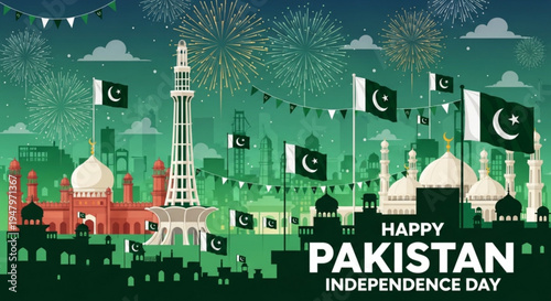 Pakistan independence day celebration cityscape with flags and fireworks at night